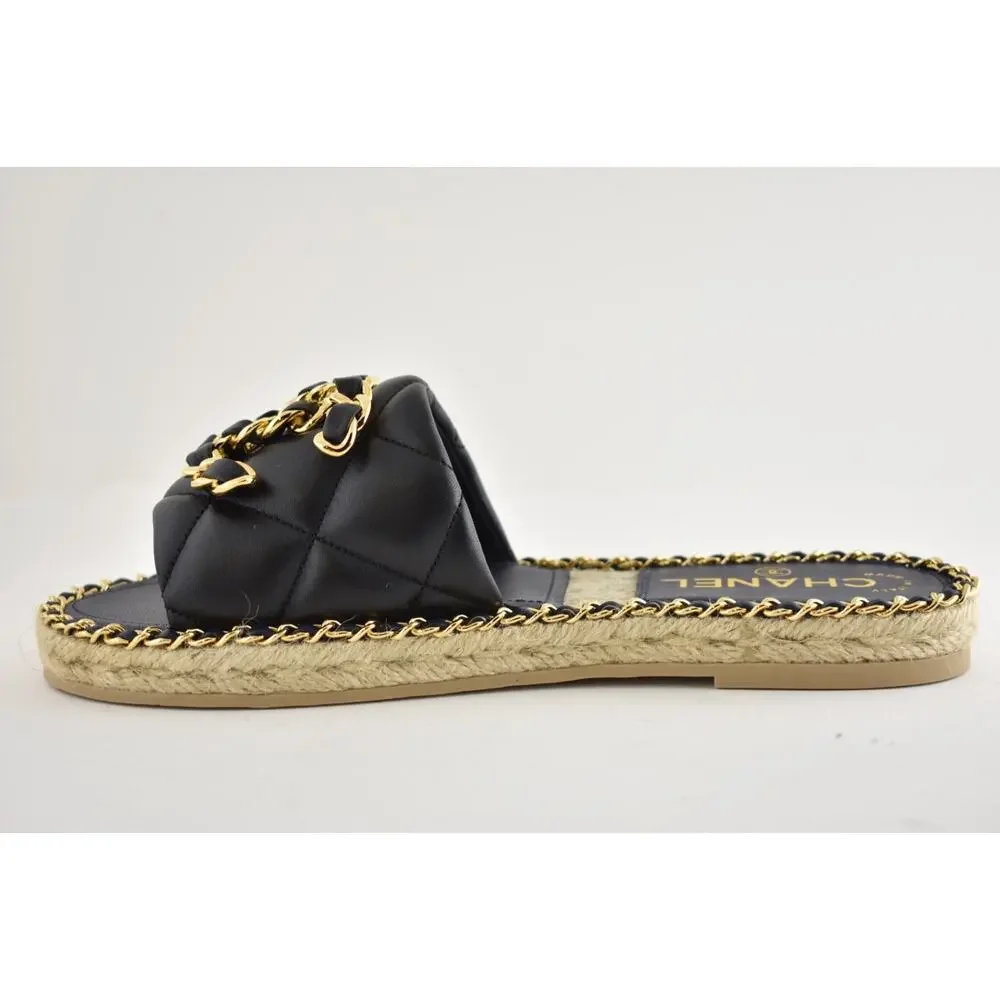 Chanel 25P Black Quilted Leather Chain CC Logo Slide Sandal Espadrille Flat 35
